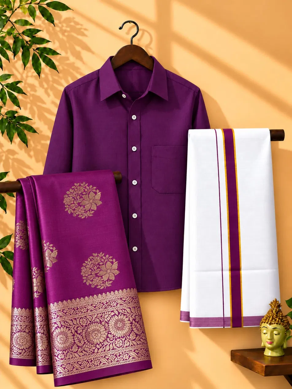 Magenta Purple Gold Floral Zari Couple Combo Set